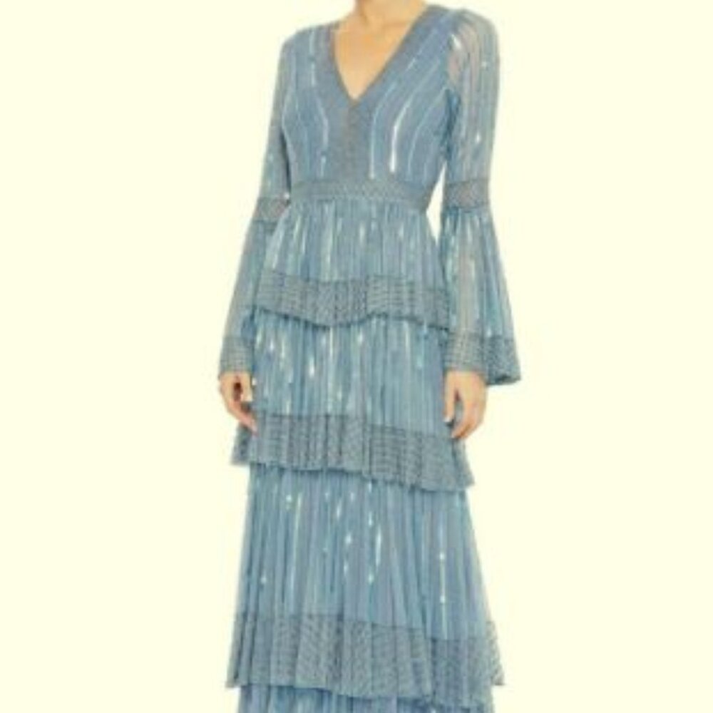 Mac Duggal Blue Sequin Stripe Long Bell Sleeve Tiered Ruffle Gown